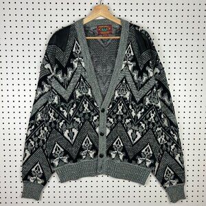 Chartwell Black Gray Cardigan Knit Sweater Large Grandpa 90s Cosby Hip‎ Hop Art